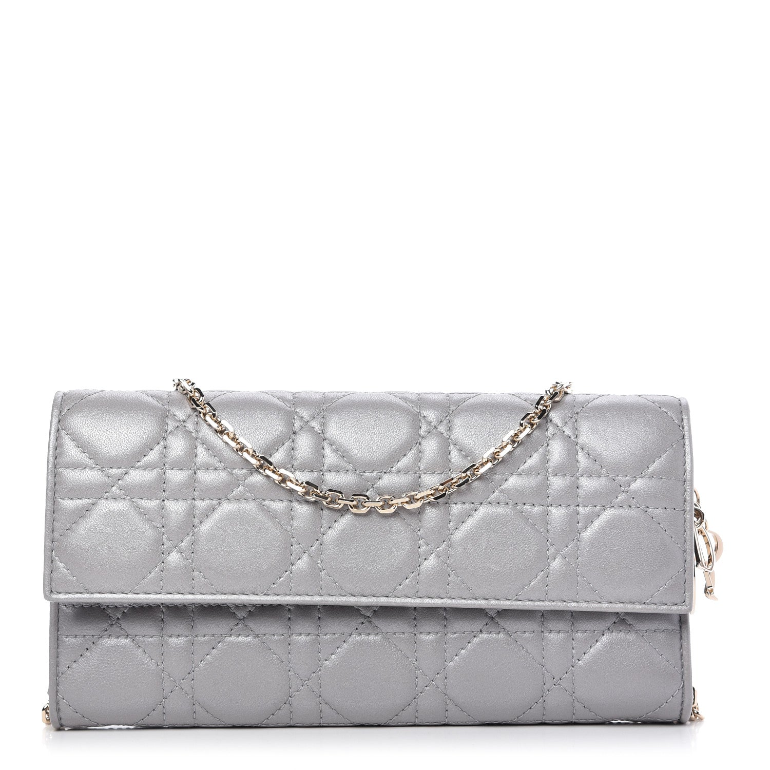 Christian Dior Metallic Lambskin Cannage Lady Dior Rendezvous Wallet On Chain Silver 1 of 11