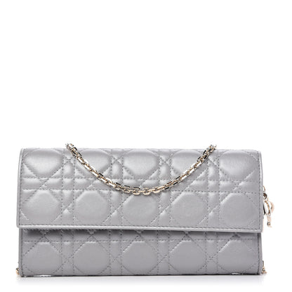 Christian Dior Metallic Lambskin Cannage Lady Dior Rendezvous Wallet On Chain Silver 1 of 11