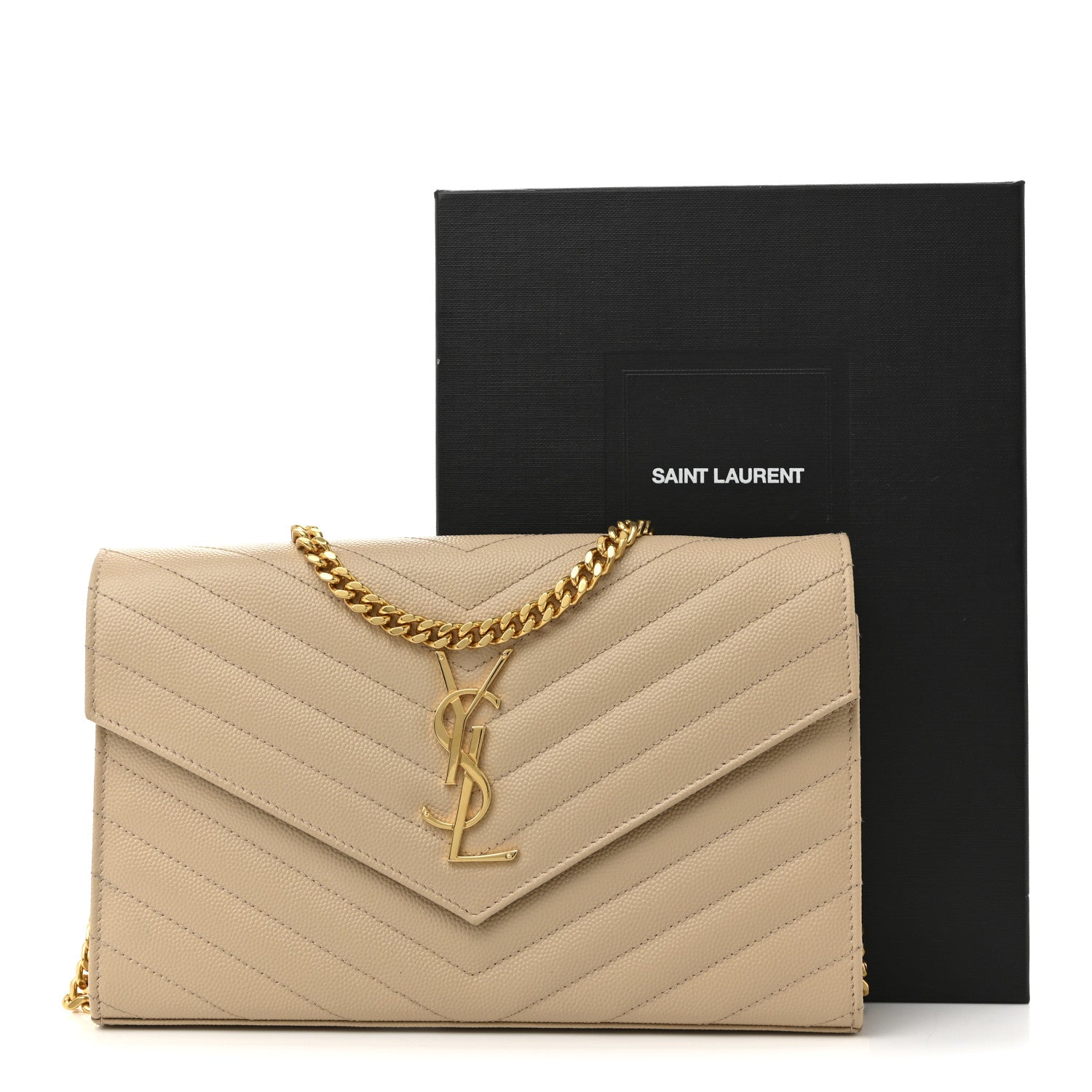 Saint Laurent Grain De Poudre Matelasse Chevron Monogram Chain Wallet Nude Powder 14 of 14