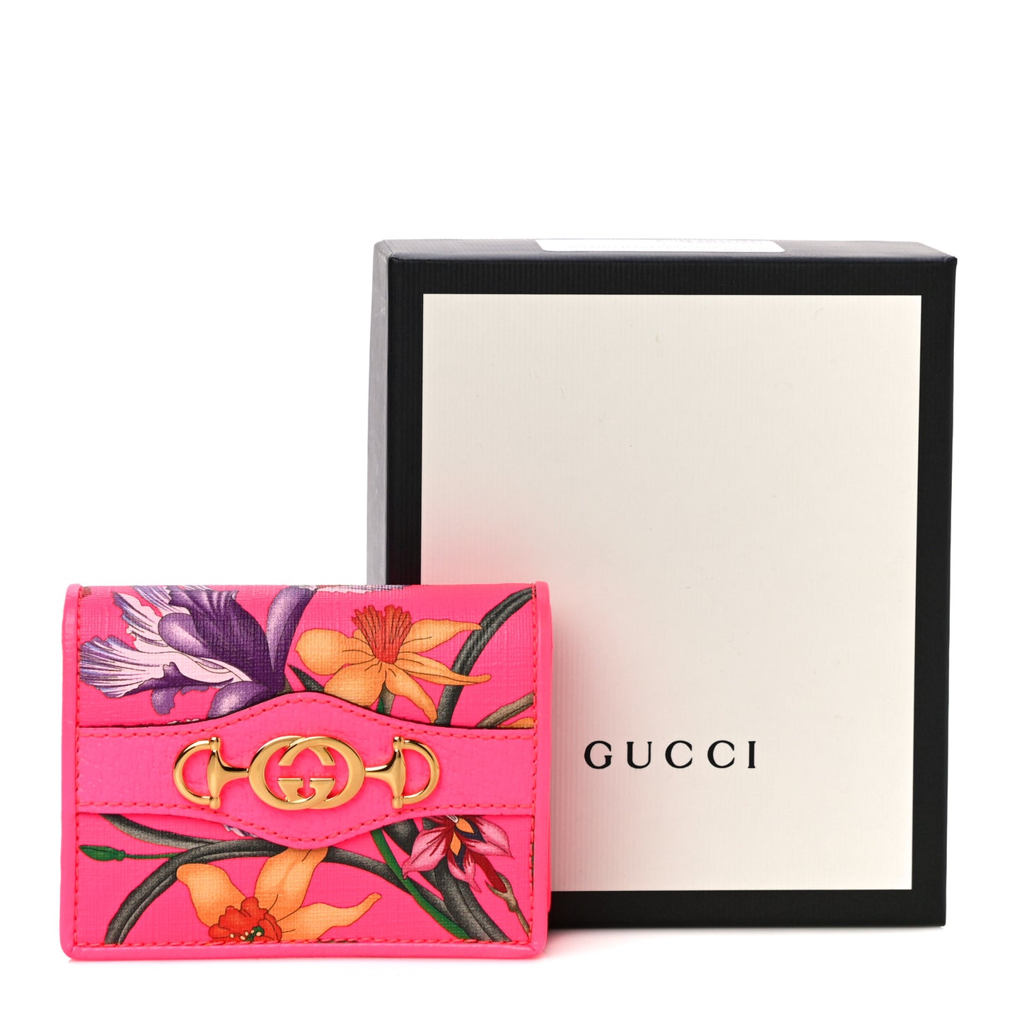 Calfskin Flora Print Zumi Card Case Fuxia Fluo