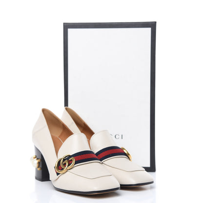 Gucci Betis Glamour Calfskin Web Pearl Embellished Peyton 75mm Loafer Pumps 39 Mystic White 10 of 10