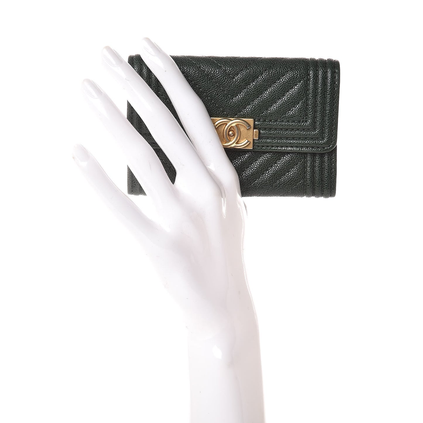 Caviar Chevron Quilted Boy Card Holder Wallet Green