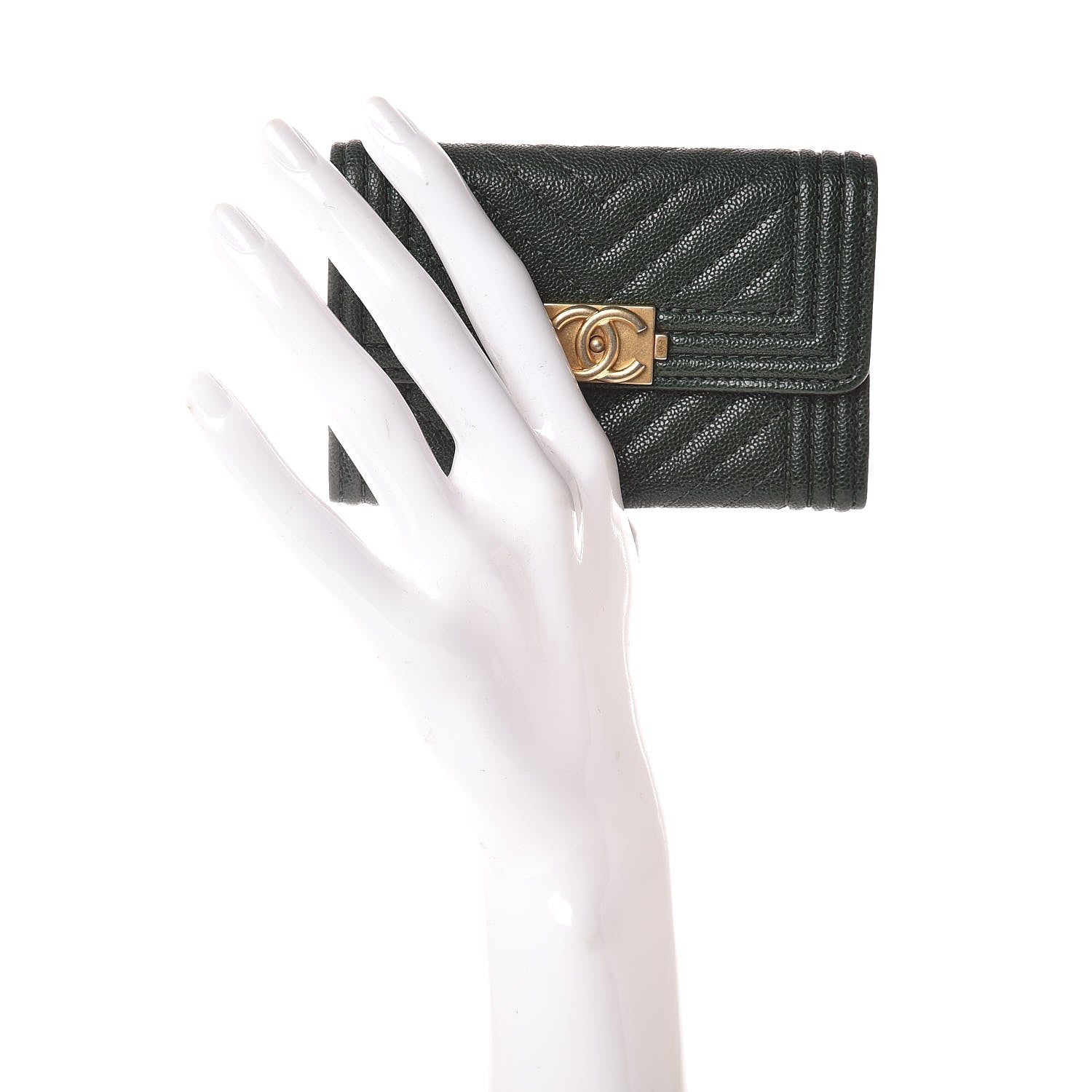 Chanel Caviar Chevron Quilted Boy Card Holder Wallet Green 2 of 9