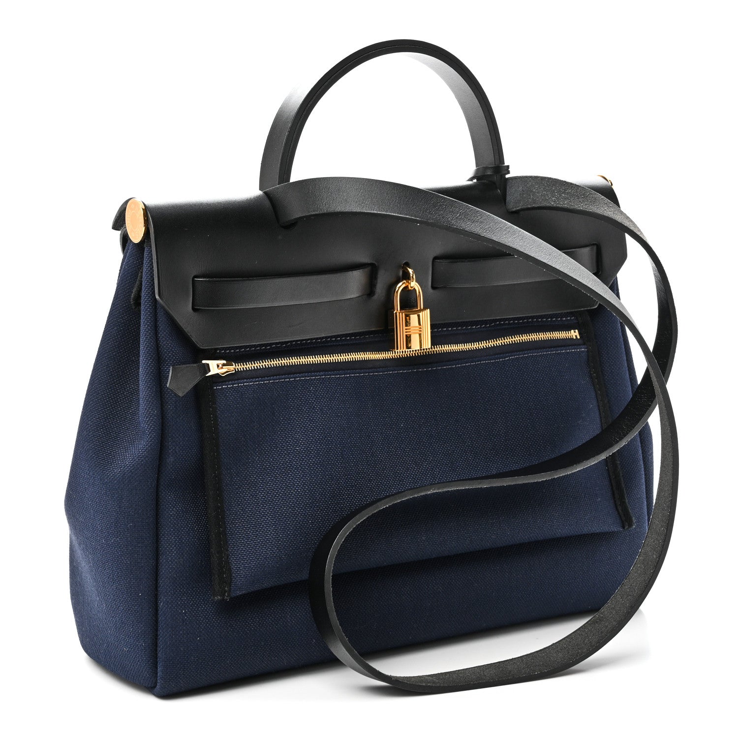 Hermes Military Toile Vache Hunter Herbag Zip Retourne 31 PM Bleu Marine Black 4 of 11