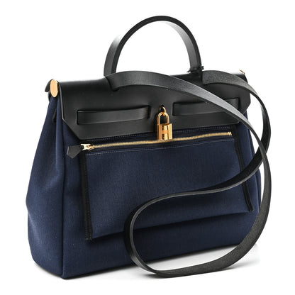 Hermes Military Toile Vache Hunter Herbag Zip Retourne 31 PM Bleu Marine Black 4 of 11