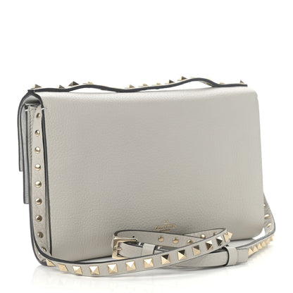 Valentino Garavani Pebbled Calfskin Rockstud Double Flap Crossbody Bag Grey 3 of 9