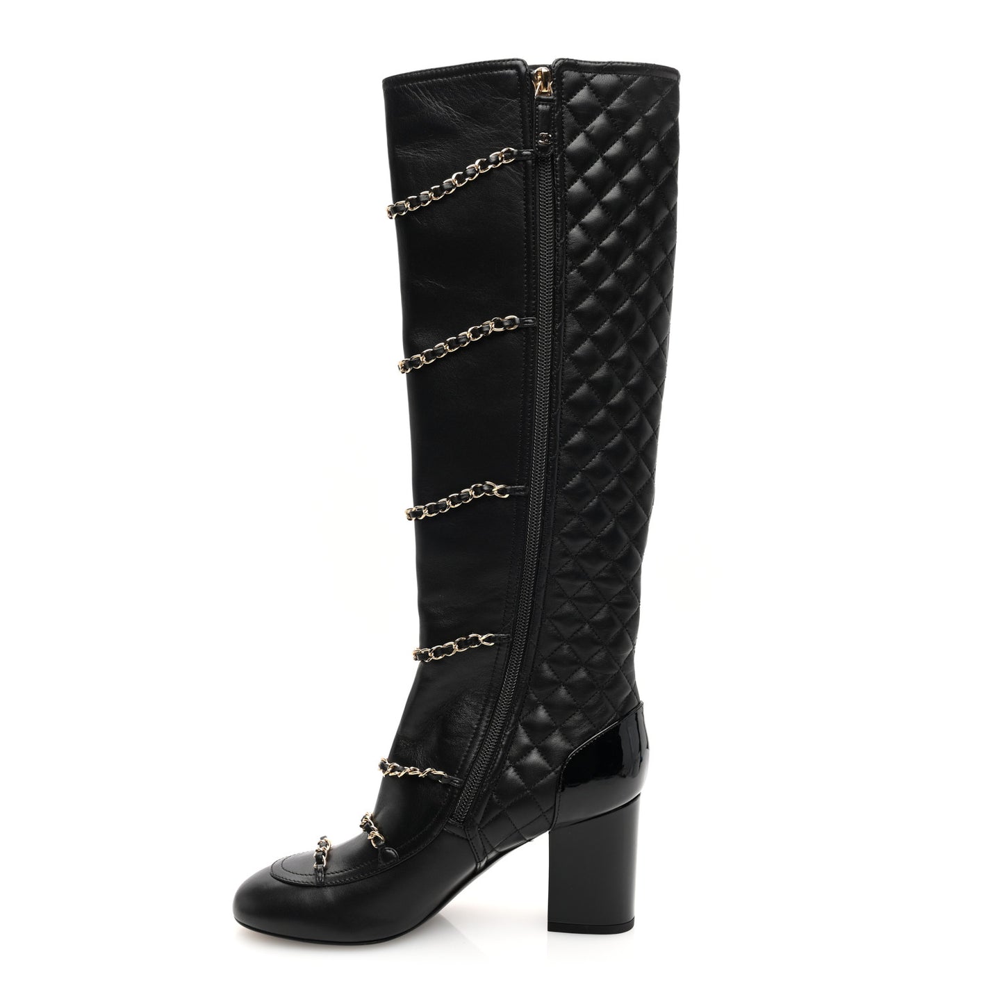 Lambskin Patent Calfskin Chained High Boots 37 Black