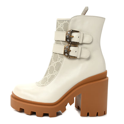 Gucci Kensington Calfskin Nappa GG Supreme Monogram Womens Double Buckle Ankle Boots 35 Mystic White Beige 1 of 9