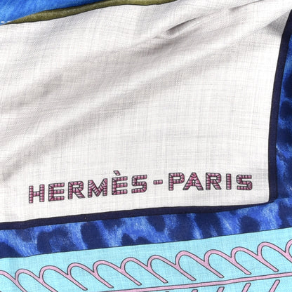 Hermes Cashmere Silk Selle d'Officier En Grande Tenue Shawl 140 Gris Chine Bleu Khaki 2 of 3
