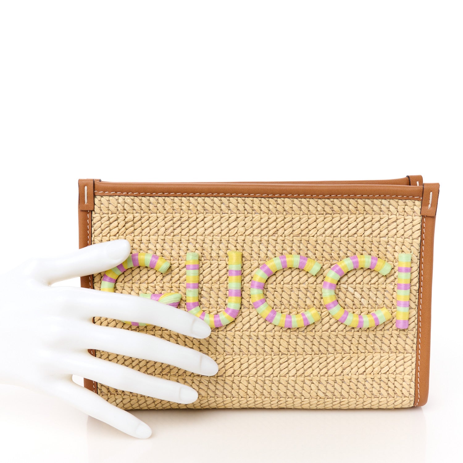 Gucci Straw Effect Raffia Calfskin Logo Wristlet Pouch Brown Multicolor 2 of 9