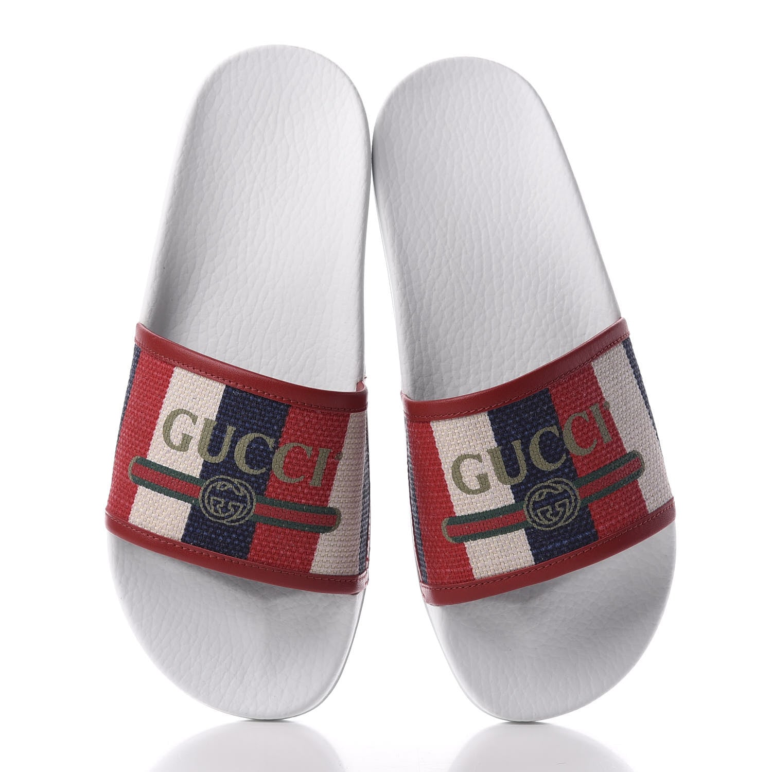 Gucci Canvas Sylvie Stripe Logo Pursuit Slide Sandals 39 Mystic White Hibiscus Red Maritime 5 of 8