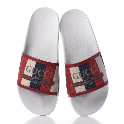 Gucci Canvas Sylvie Stripe Logo Pursuit Slide Sandals 39 Mystic White Hibiscus Red Maritime 5 of 8