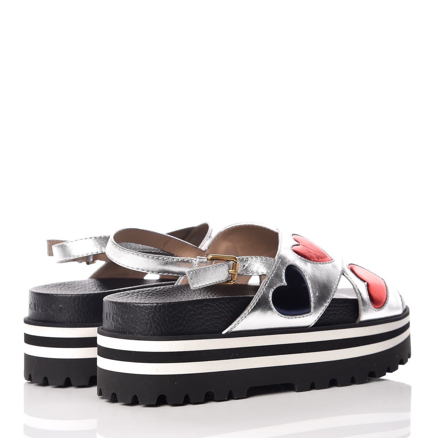 Metallic Nappa Silk Sunrise Heart Crossover Platform Lug Sole Sandals 39 Argento