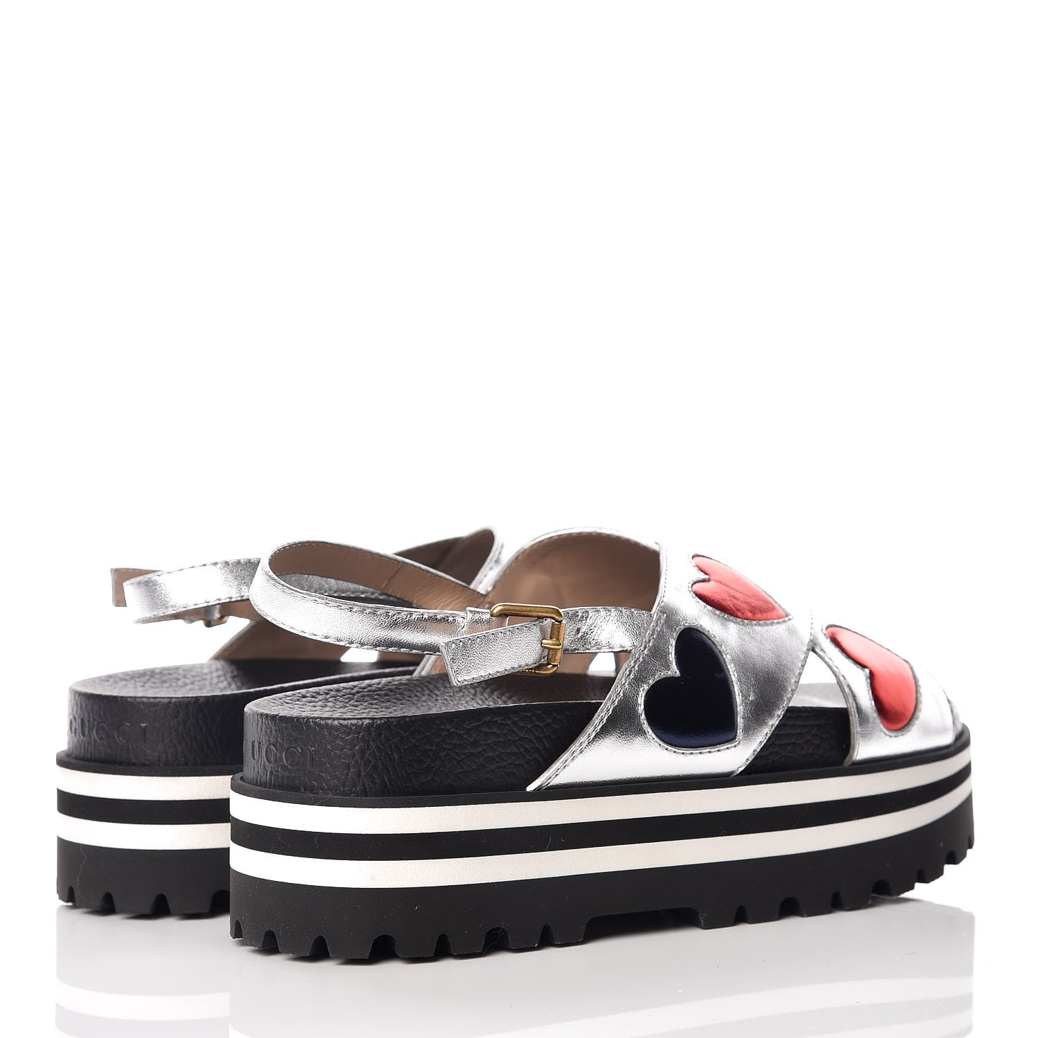 Gucci Metallic Nappa Silk Sunrise Heart Crossover Platform Lug Sole Sandals 39 Argento 4 of 7