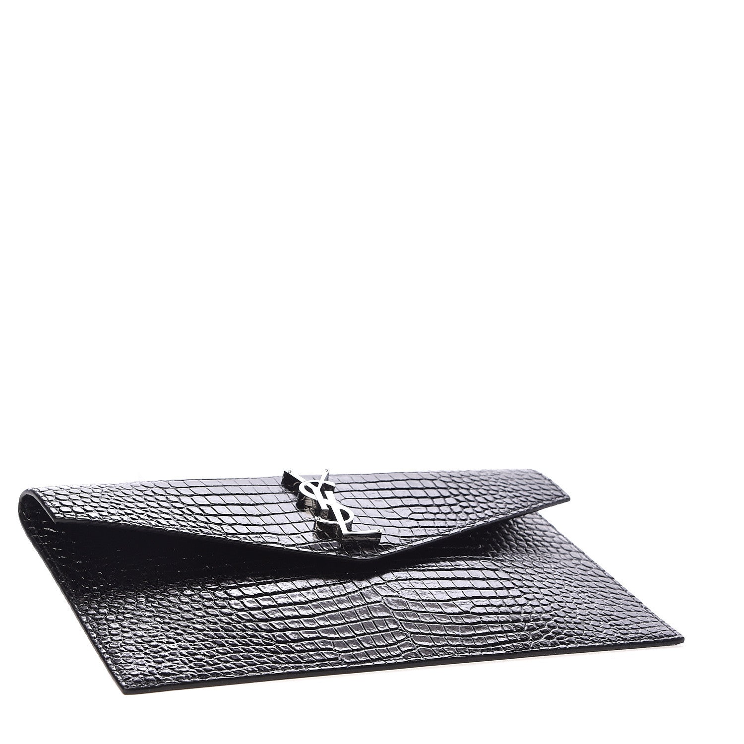 Saint Laurent Calfskin Crocodile Embossed Uptown Monogram Clutch Black 4 of 7