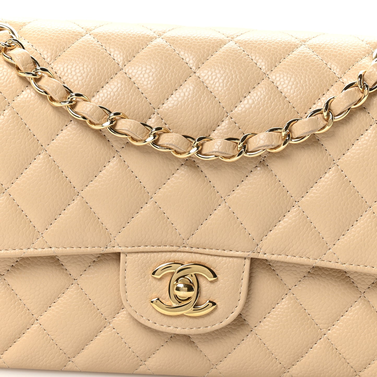 Caviar Quilted Medium Double Flap Beige