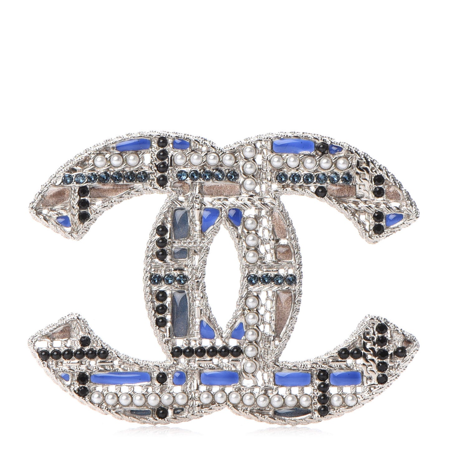 Crystal Pearl CC Tweed Brooch Silver Black