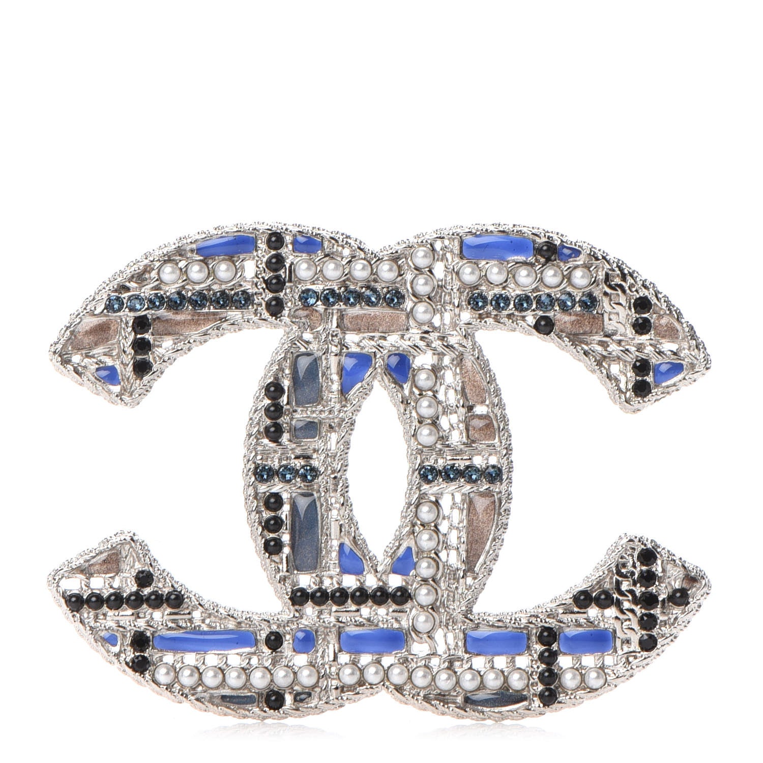 Chanel Crystal Pearl CC Tweed Brooch Silver Black 1 of 5