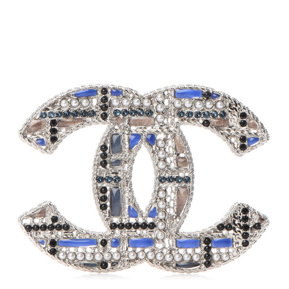 Chanel Crystal Pearl CC Tweed Brooch Silver Black 1 of 5