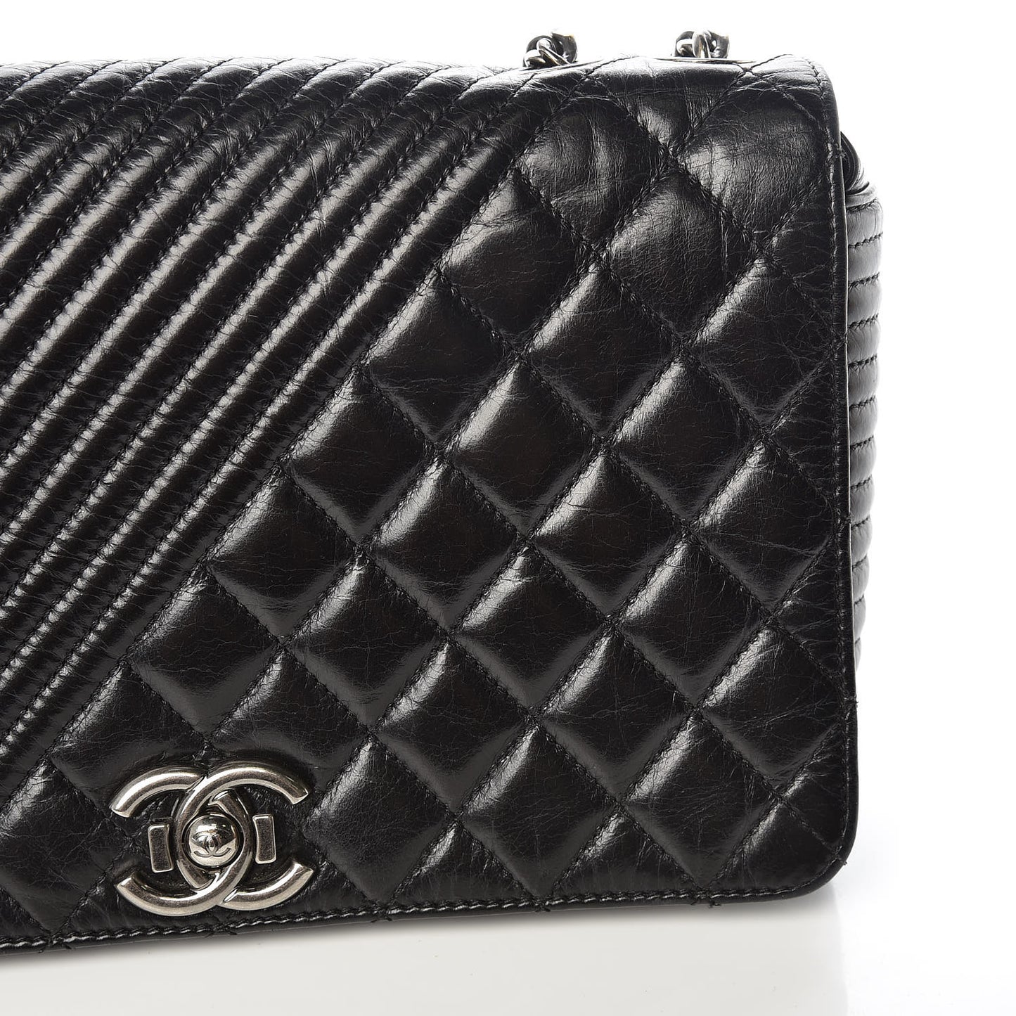 Glazed Calfskin Quilted Medium Coco Boy Flap Black
