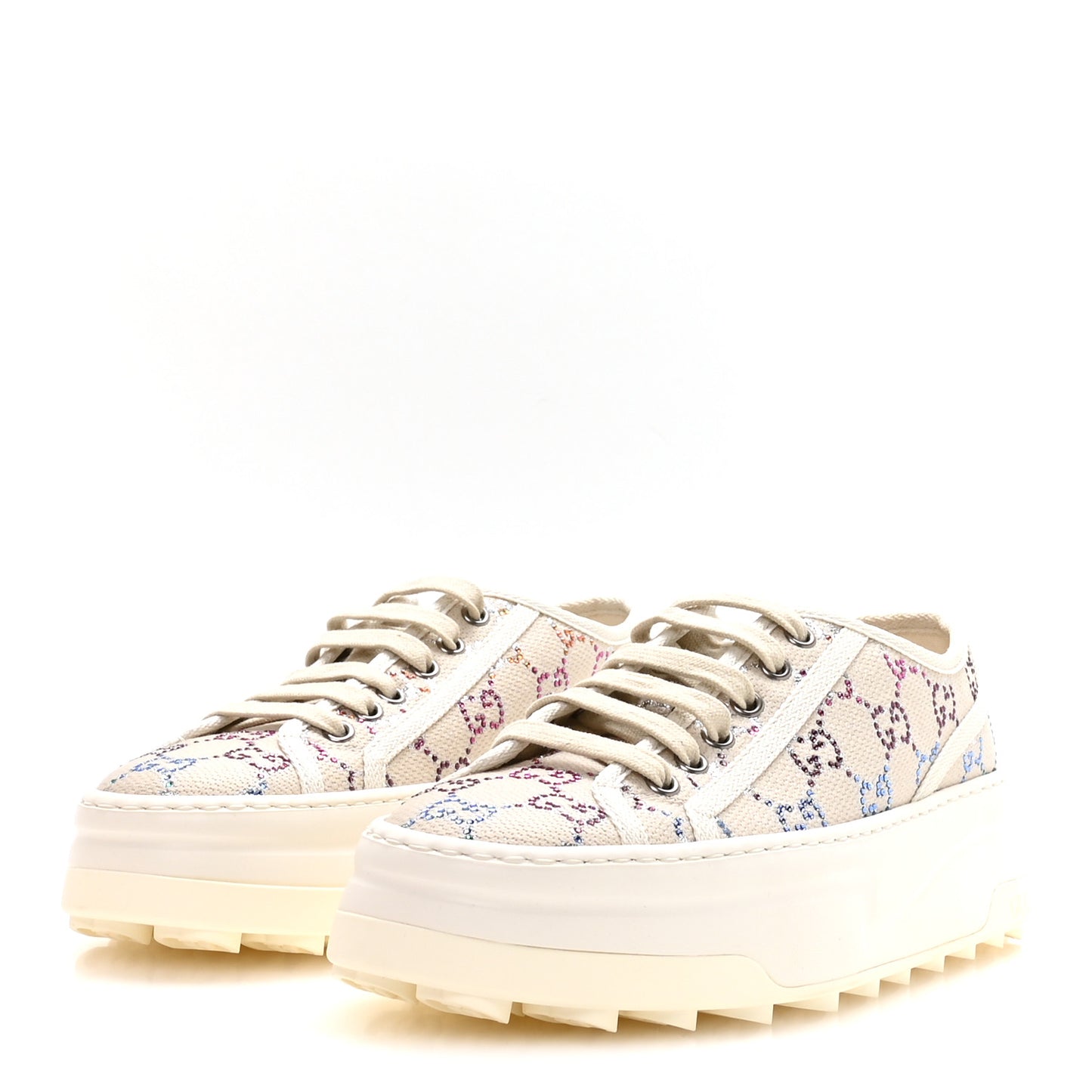Canvas Lame Crystal GG Monogram Womens 1977 Tennis Platform 52mm Sneakers 38 Gardenia Silver Mystic White