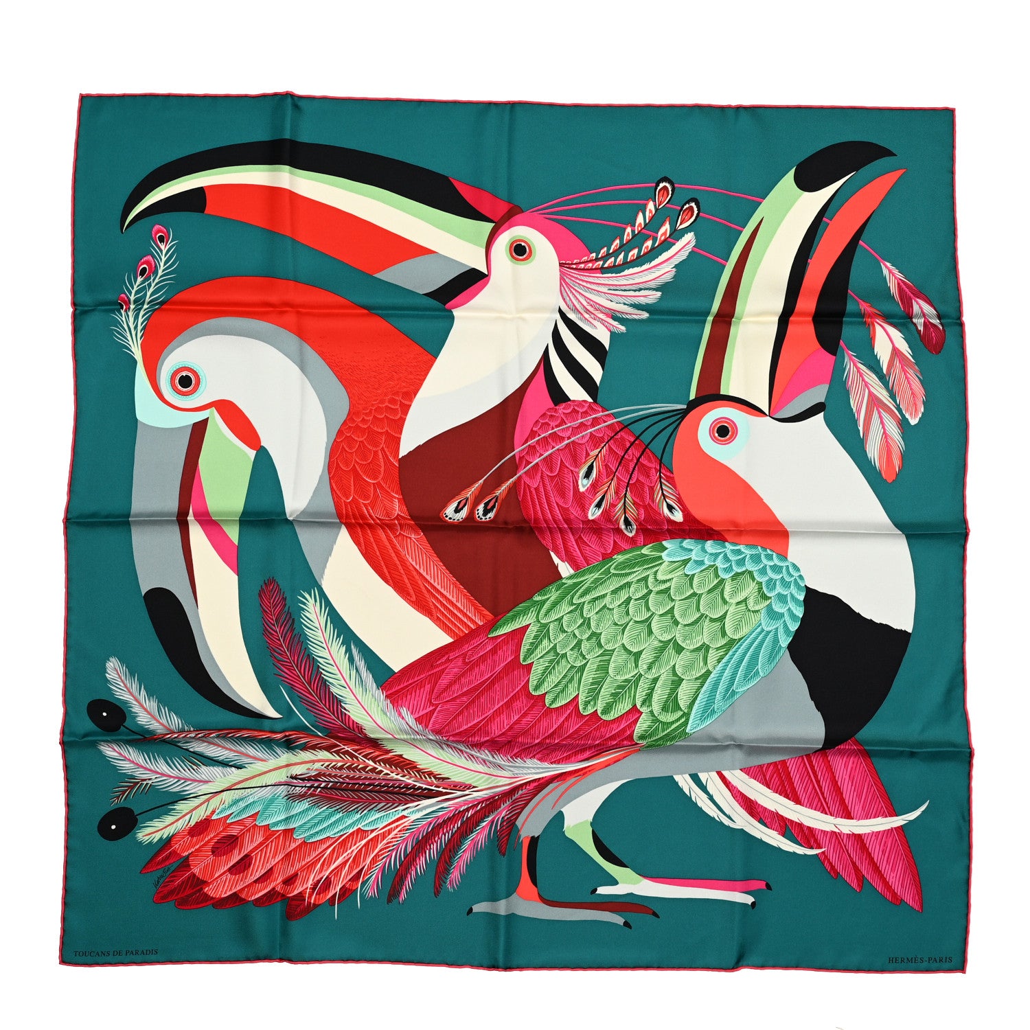 Hermes Silk Toucans De Paradis Scarf 90 Vert Fuchsia Rouge 1 of 5