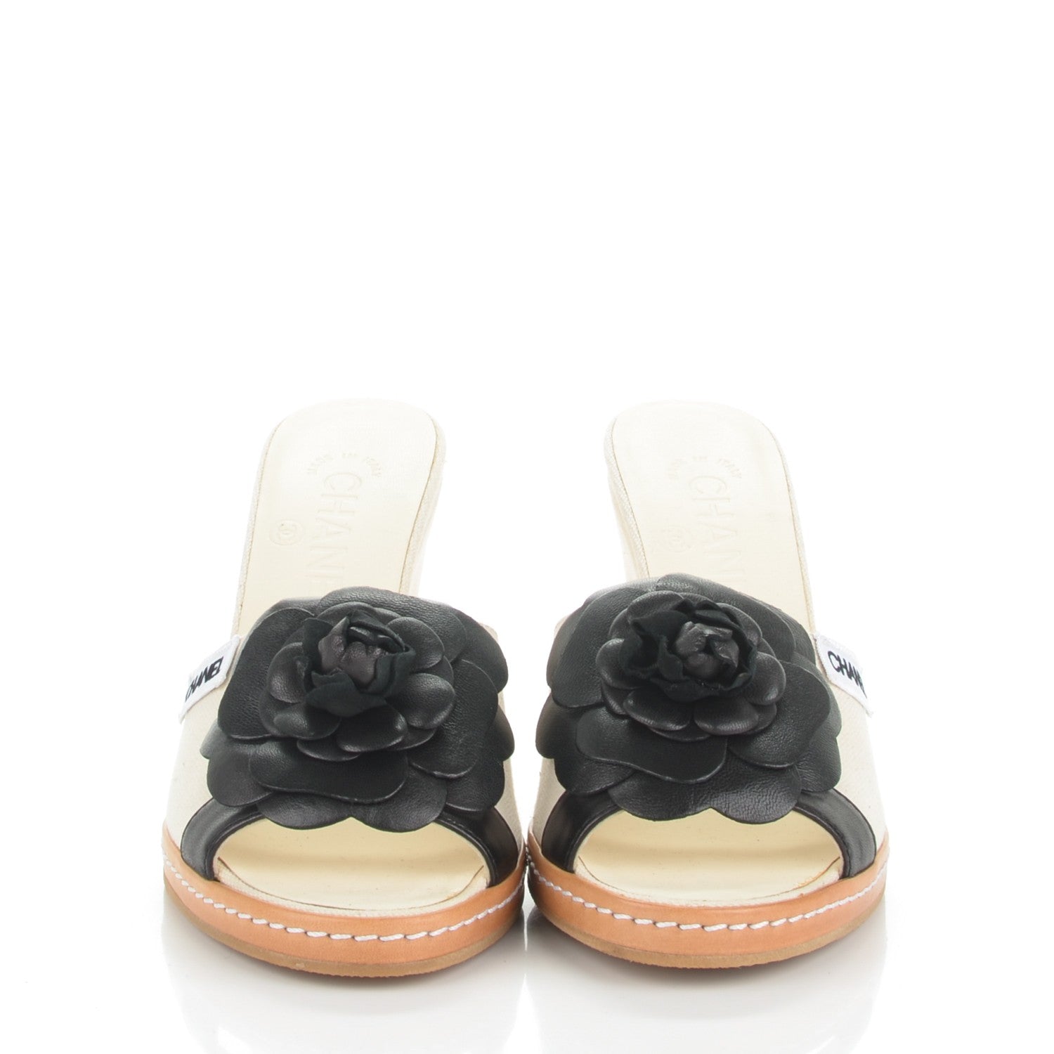 Chanel Canvas Camellia Wedge Sandals 36.5 Off White Black 2 of 8