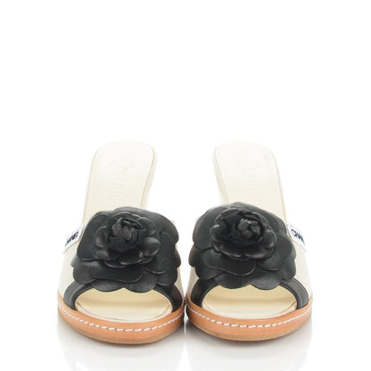 Chanel Canvas Camellia Wedge Sandals 36.5 Off White Black 2 of 8