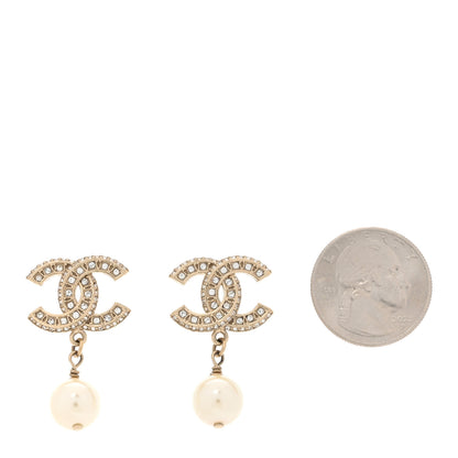Chanel Crystal Timeless CC Pearl Drop Earrings Light Gold 2 of 5