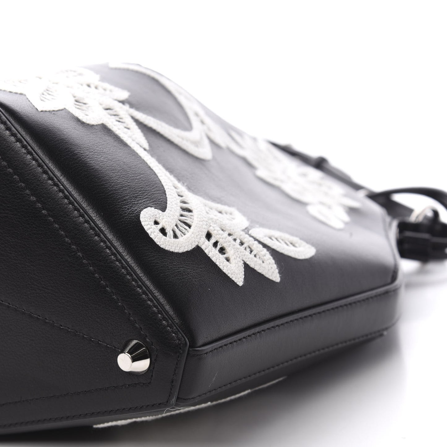 Calfskin Embroidered Bucket Bag Black White