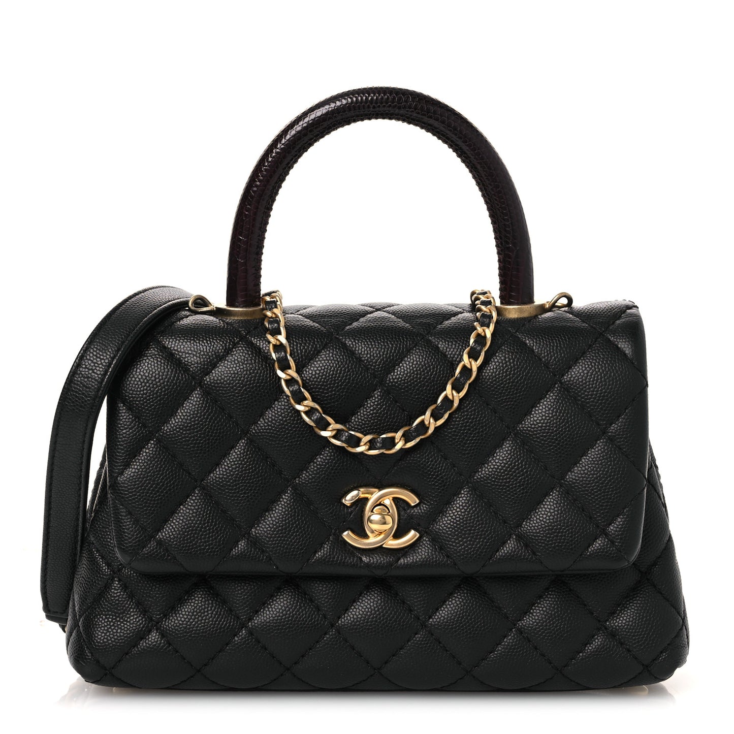 Caviar Lizard Embossed Quilted Mini Coco Handle Flap Black