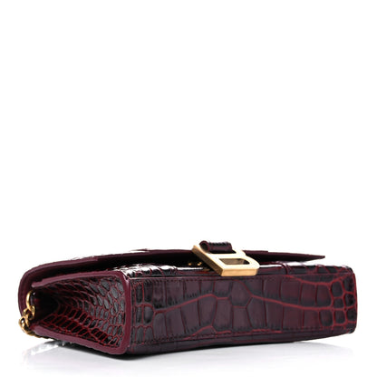 Balenciaga Shiny Calfskin Crocodile Embossed Hourglass Chain Bag Dark Red 4 of 9