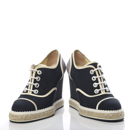 Chanel Raffia Lace Up Wedge Espadrilles 36 Grey Navy 5 of 12