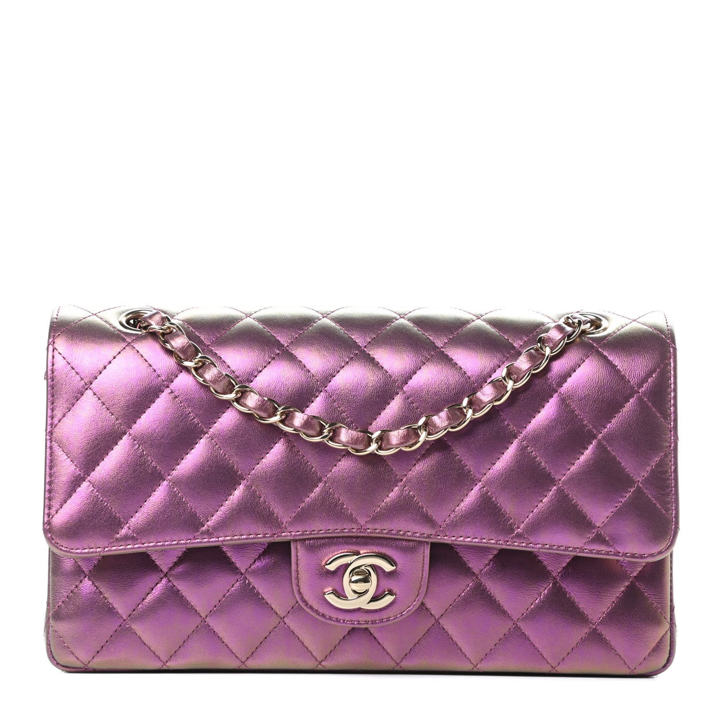 Iridescent Lambskin Quilted Medium Double Flap Purple