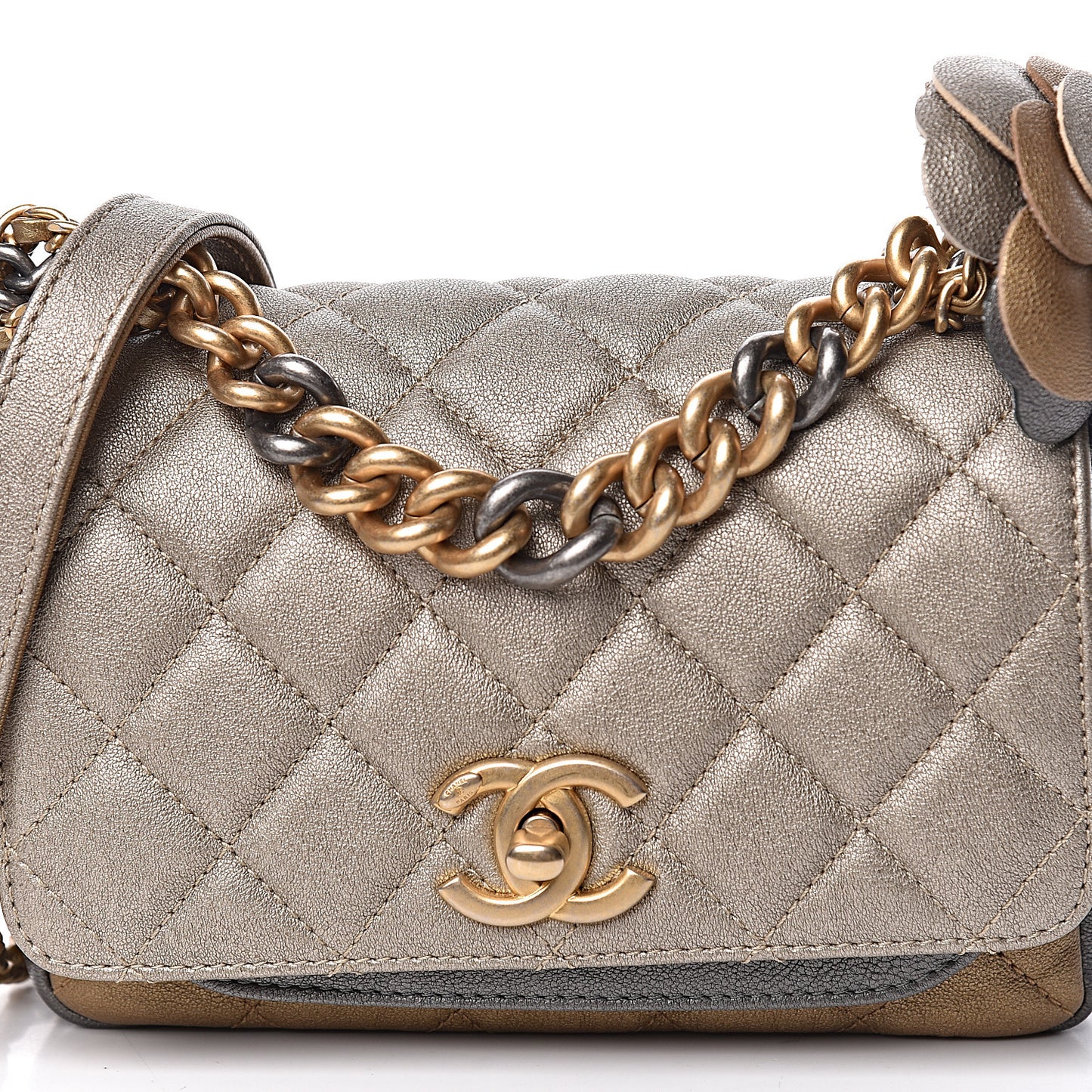 Lambskin Quilted Private Affair Camellia Flap Pale Gold Silver Dark Gold