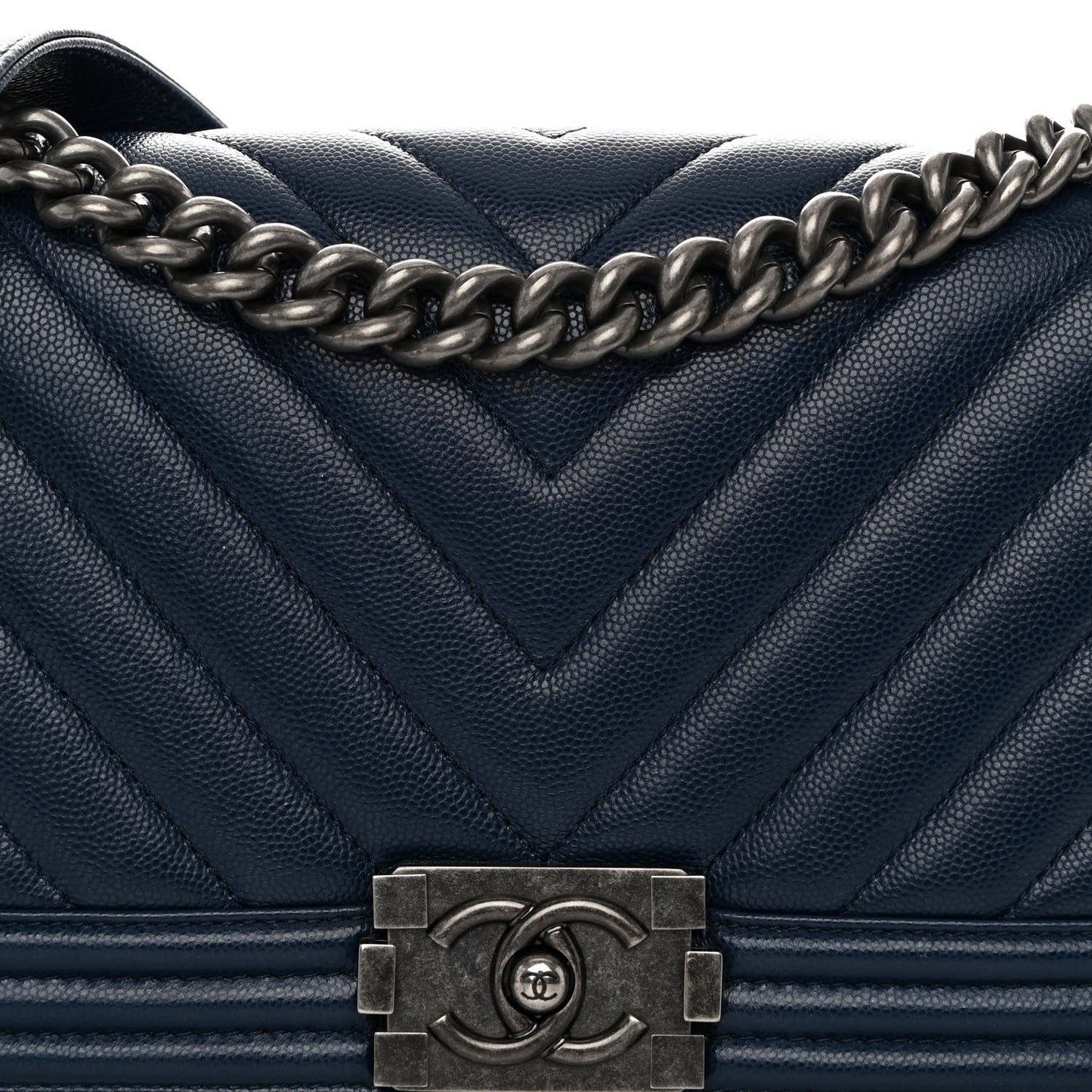 Caviar Chevron Quilted Medium Boy Flap Navy