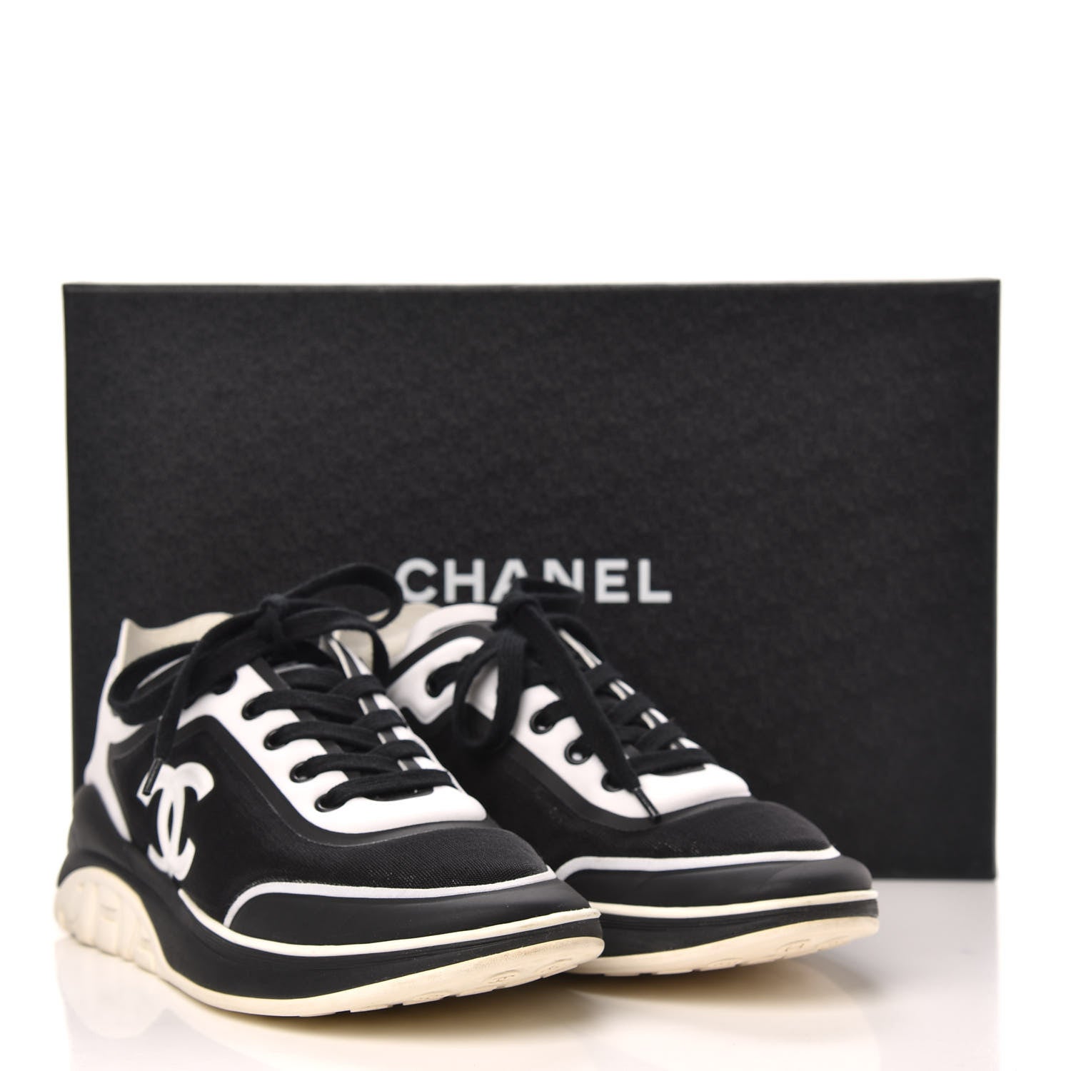Chanel Lycra Womens CC Sneakers 37.5 Black White 8 of 8