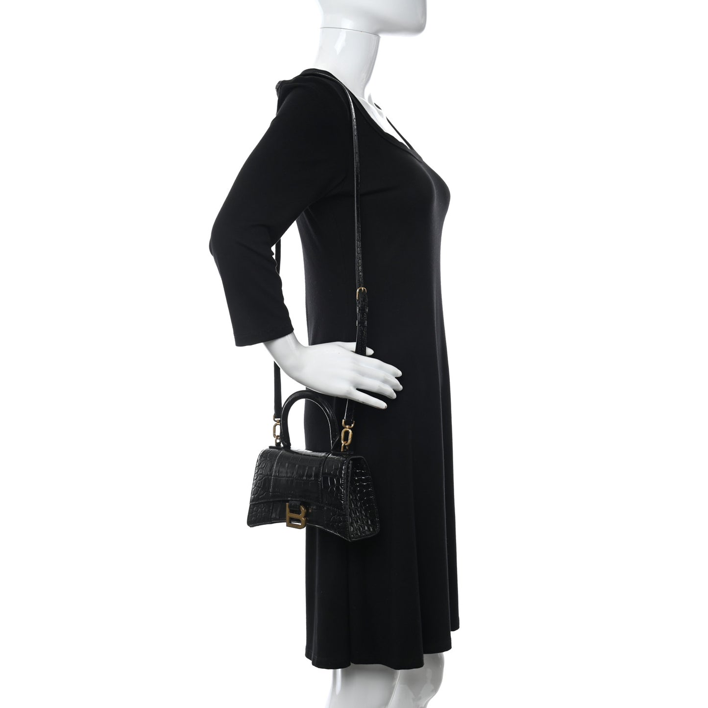 Shiny Calfskin Crocodile Embossed Hourglass Top Handle Bag XS Black