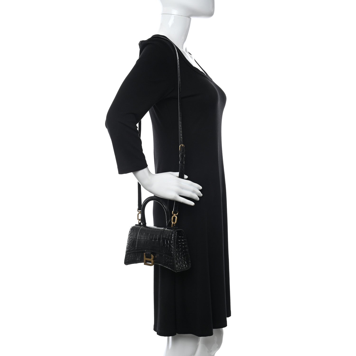 Balenciaga Shiny Calfskin Crocodile Embossed Hourglass Top Handle Bag XS Black 2 of 10