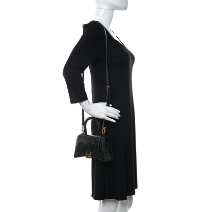 Balenciaga Shiny Calfskin Crocodile Embossed Hourglass Top Handle Bag XS Black 2 of 10