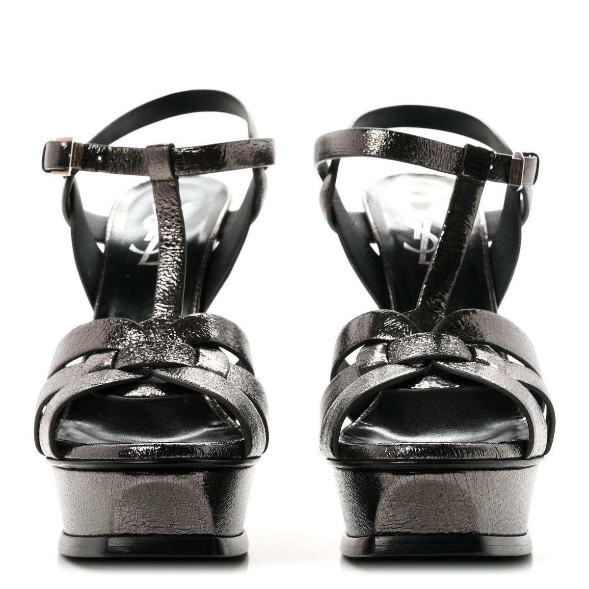 Saint Laurent Metallic Supercrack Calfskin Tribute 105 Platform Sandals 36.5 Gunmetal 3 of 9