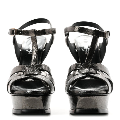 Saint Laurent Metallic Supercrack Calfskin Tribute 105 Platform Sandals 36.5 Gunmetal 3 of 9