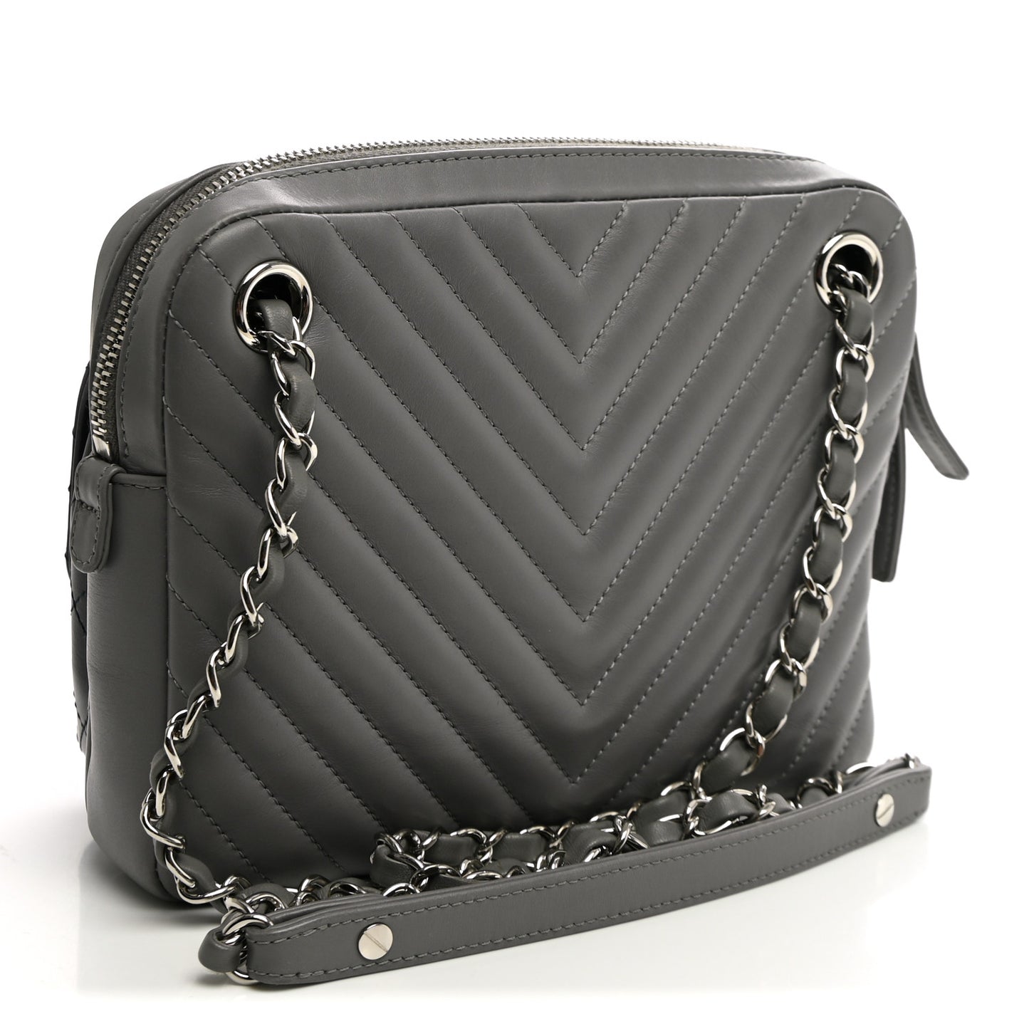 Calfskin Chevron Quilted Double Camera Bag With Flap Black Black Grey