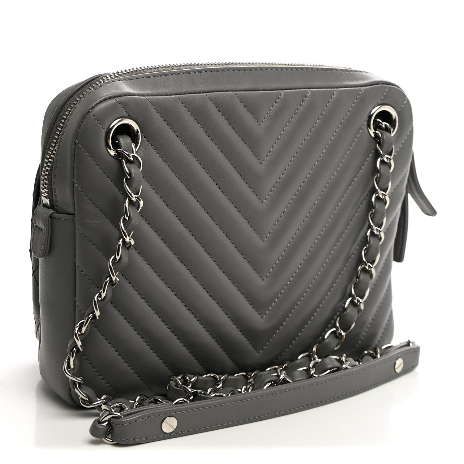 Chanel Calfskin Chevron Quilted Double Camera Bag With Flap Black Black Grey 3 of 12