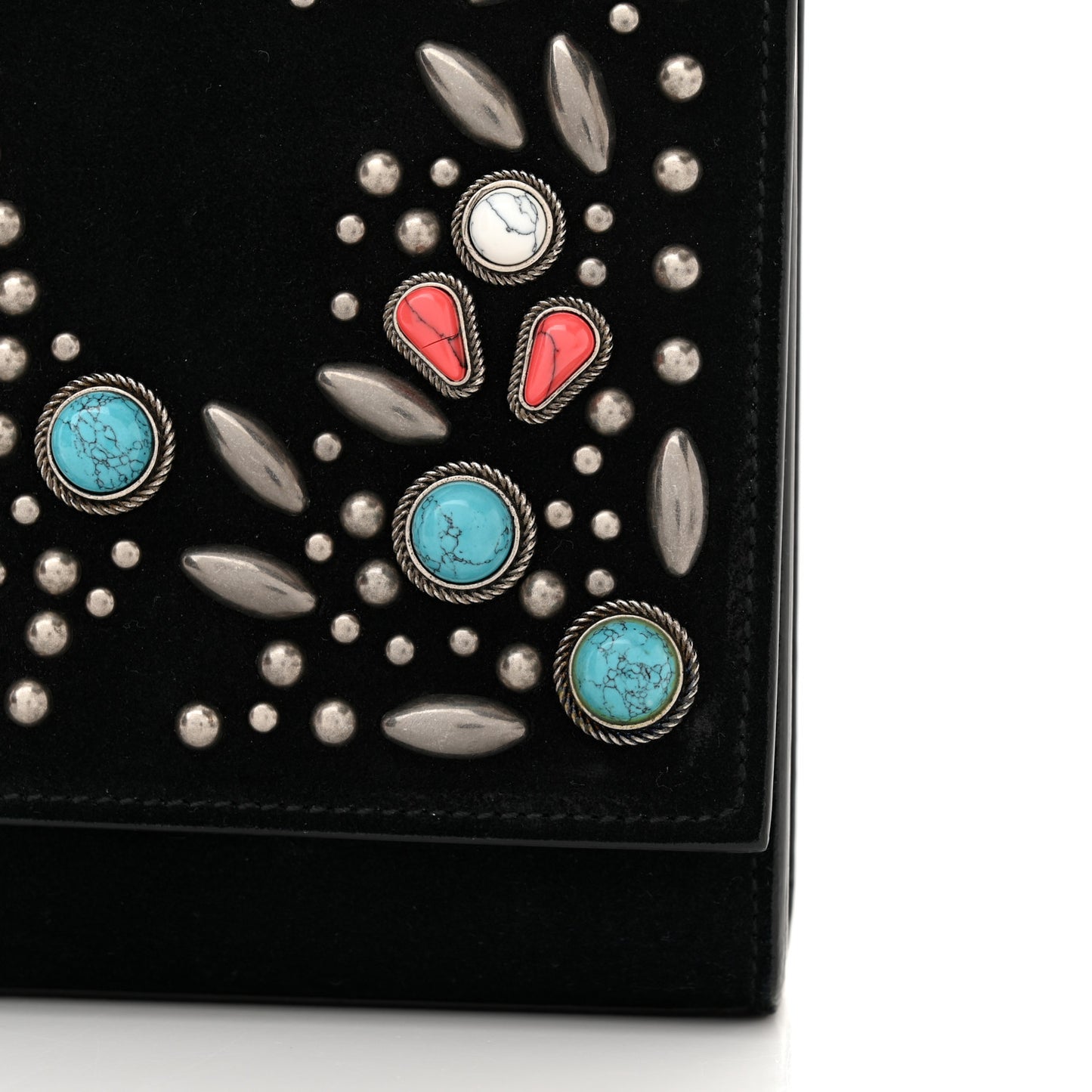 Suede Small Monogram Stone Studded Kate Satchel Black Turquoise Coral