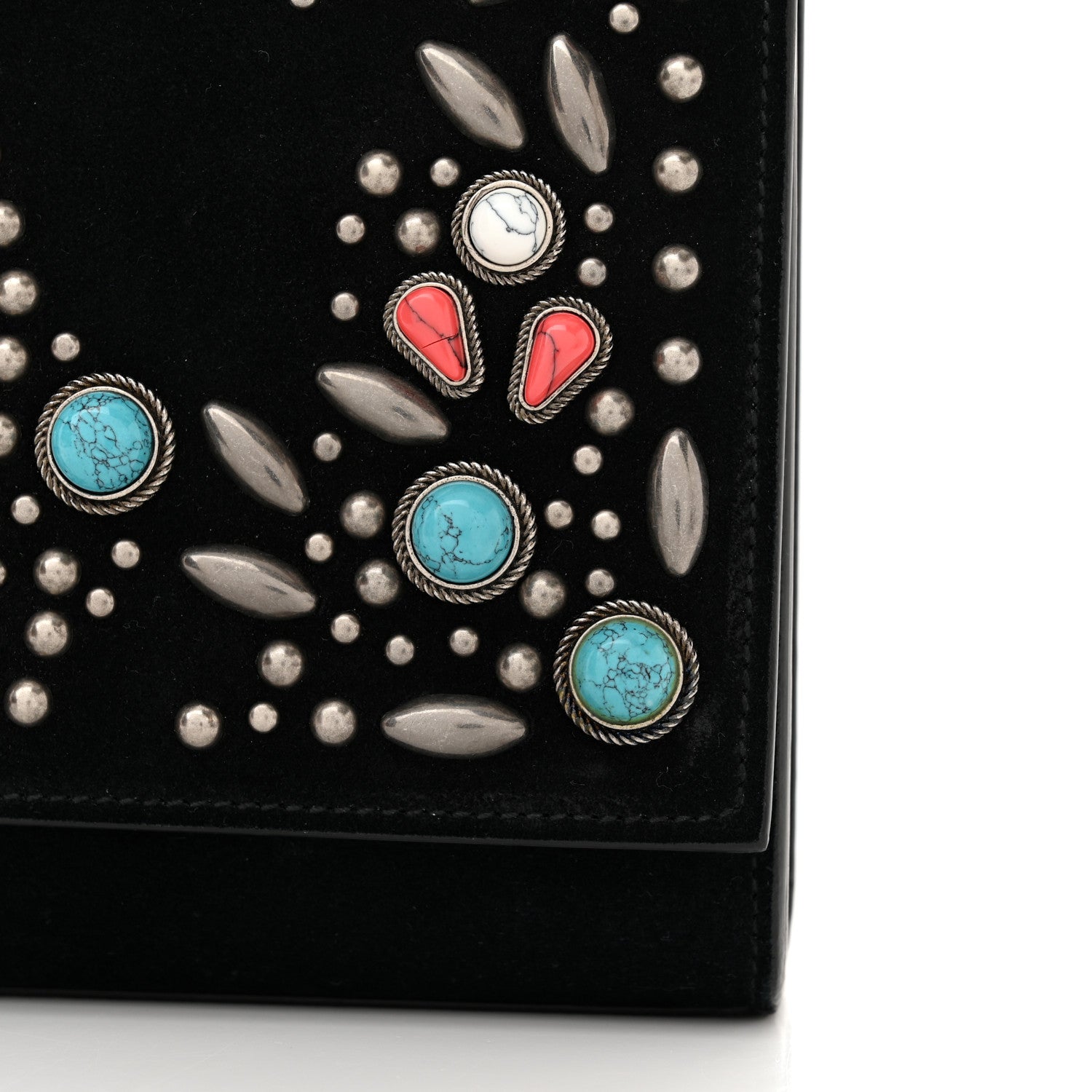 Saint Laurent Suede Small Monogram Stone Studded Kate Satchel Black Turquoise Coral 13 of 17