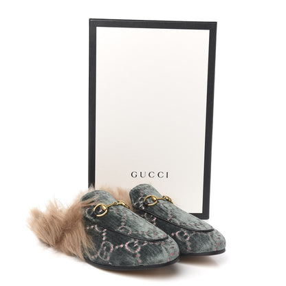 Gucci Velvet GG Monogram Fur Womens Princetown Slippers 35 Avio Dusty Pink 8 of 8