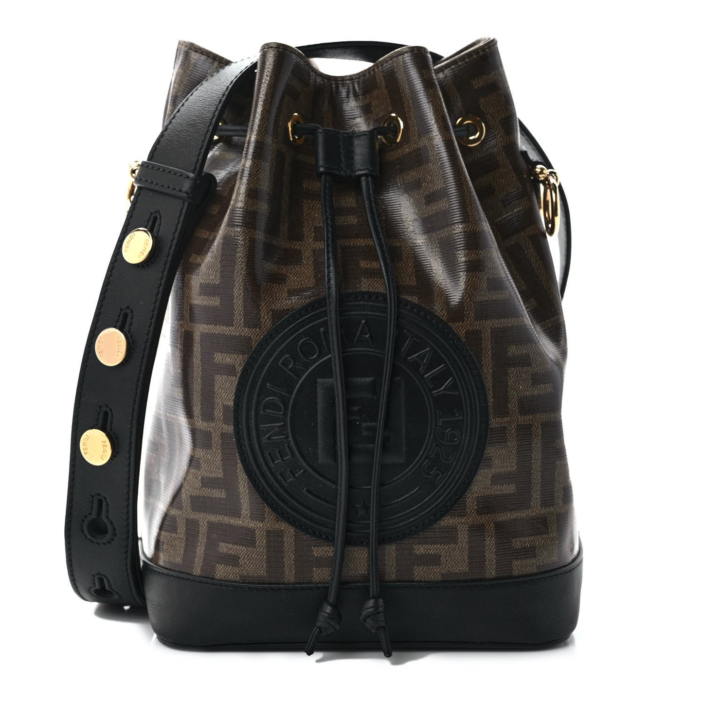 Glazed Fabric Vitello Grace F is Fendi FF 1974 Stamp Patch Grande Mon Tresor Bucket Bag Mogano Panna Black
