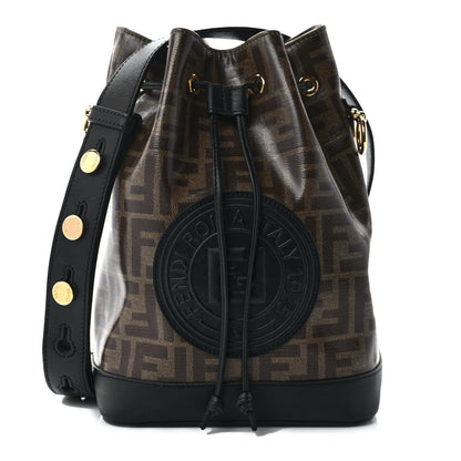 Fendi Glazed Fabric Vitello Grace F is Fendi FF 1974 Stamp Patch Grande Mon Tresor Bucket Bag Mogano Panna Black 1 of 7