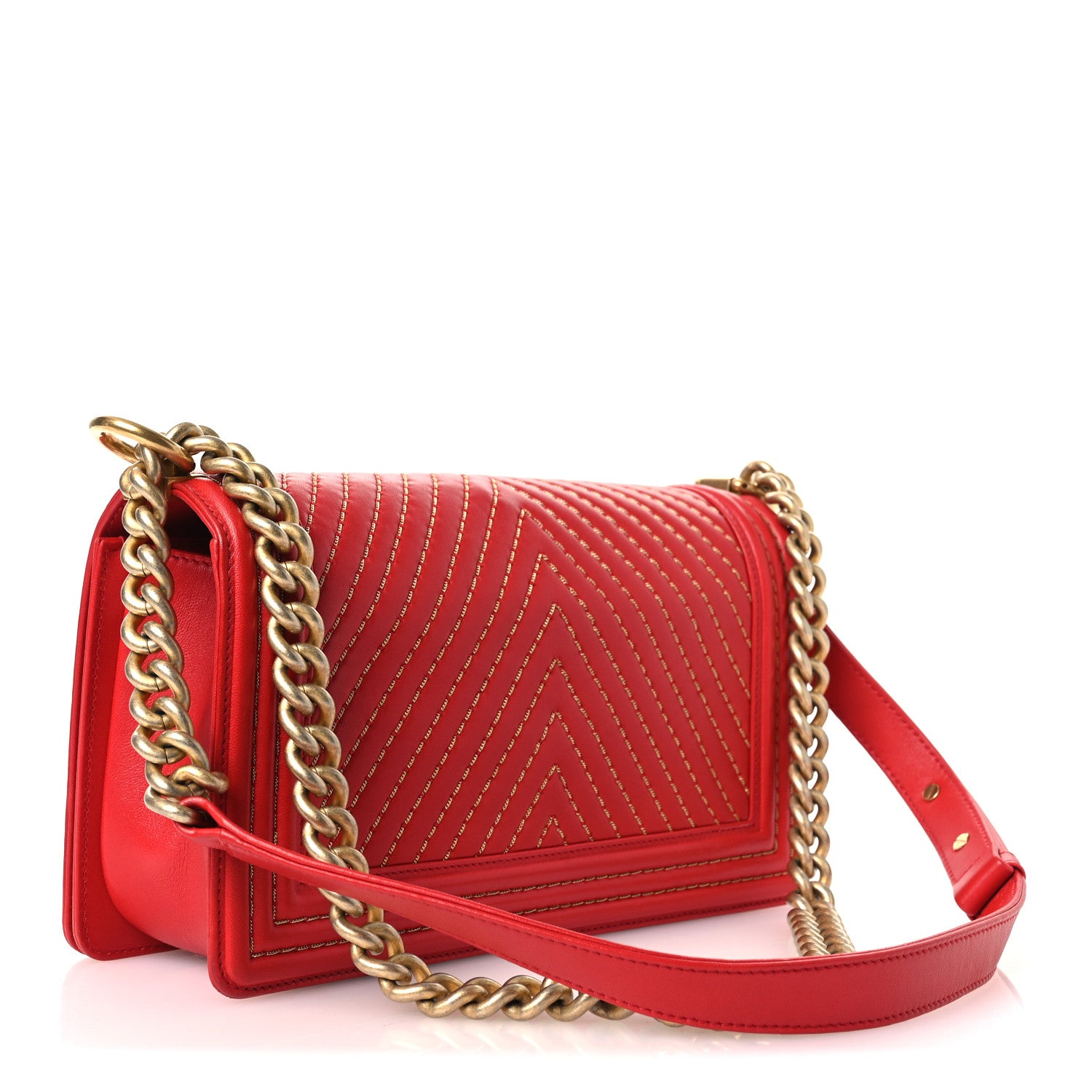 Chanel Lambskin Chevron Chain Stitched Medium Boy Flap Red 3 of 12